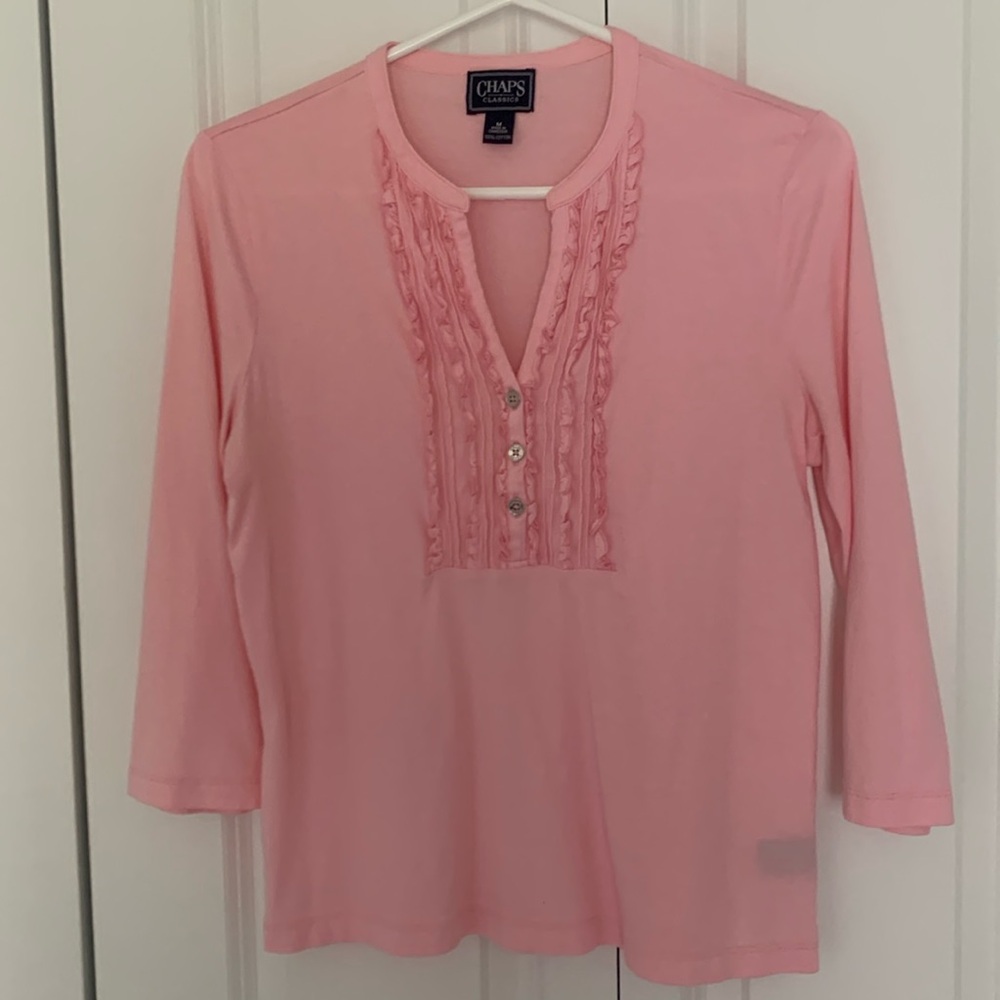 100% cotton, front ruffled, three-quarter sleeve, shell pink ladies top.